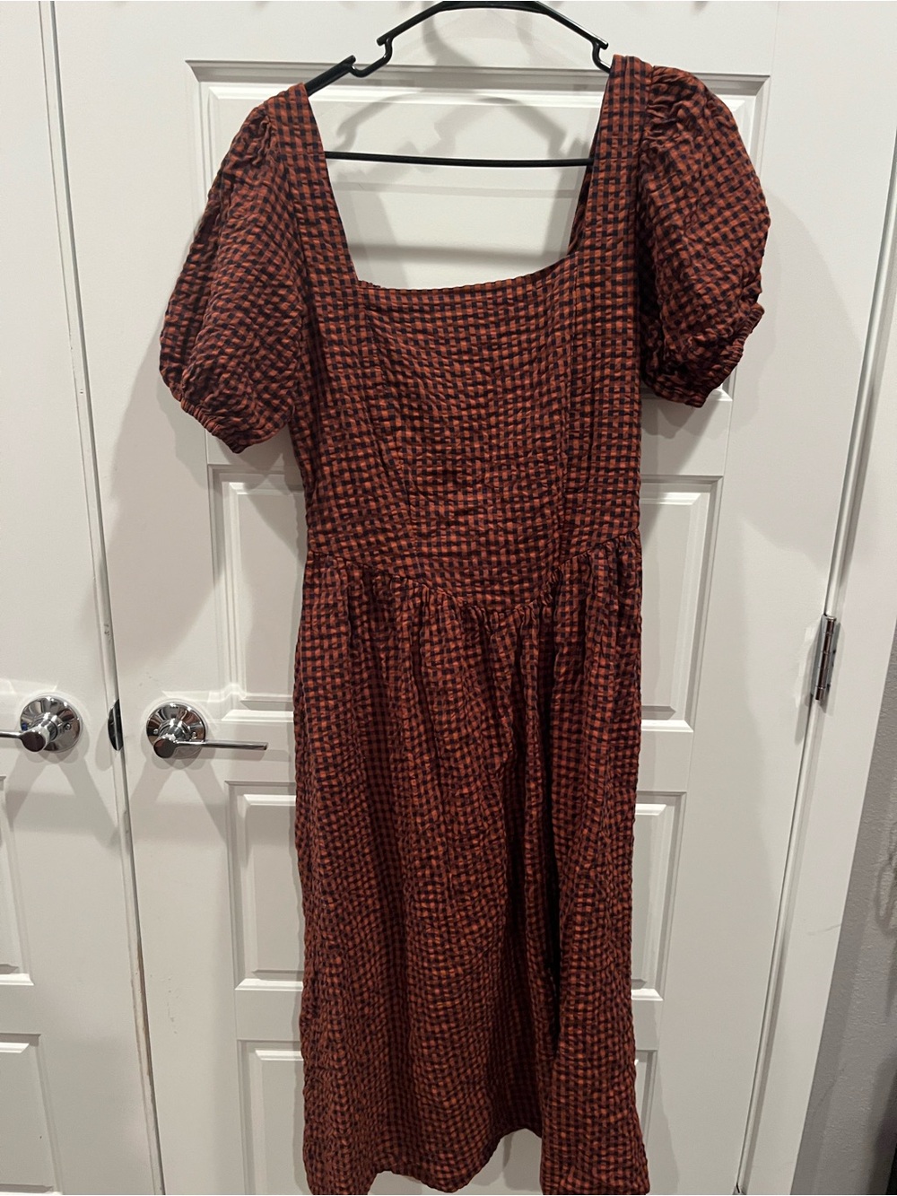 Japna Rust and Black Checked Square-Neck Midi Dress
